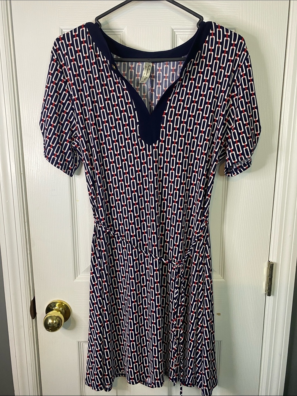 Perseption Navy, White & Red Geometric V‑Neck Fit & Flare Dress Petite XLarge.
